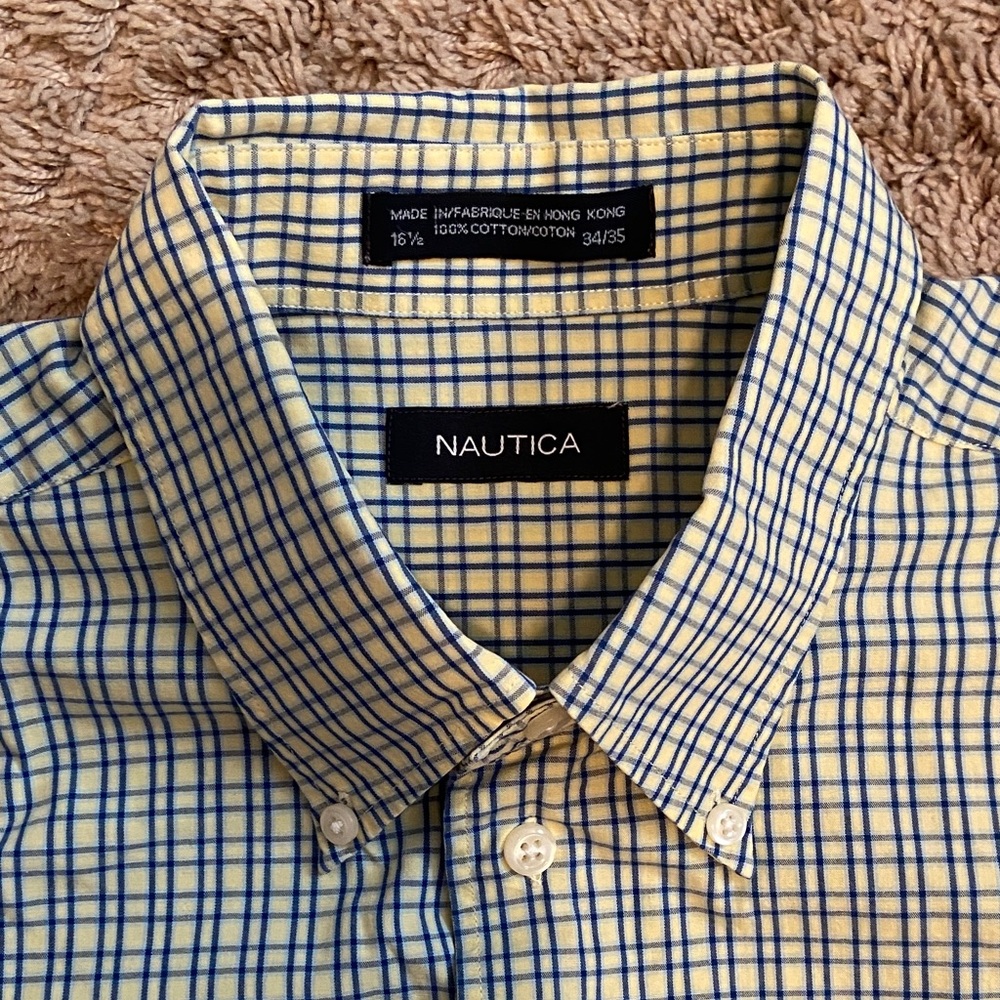 Nautica Men's Yellow and Blue Checkered Shirt